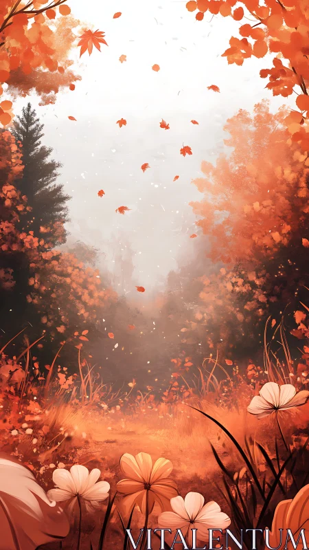 Ethereal autumn corridor with falling leaves and luminous foliage.