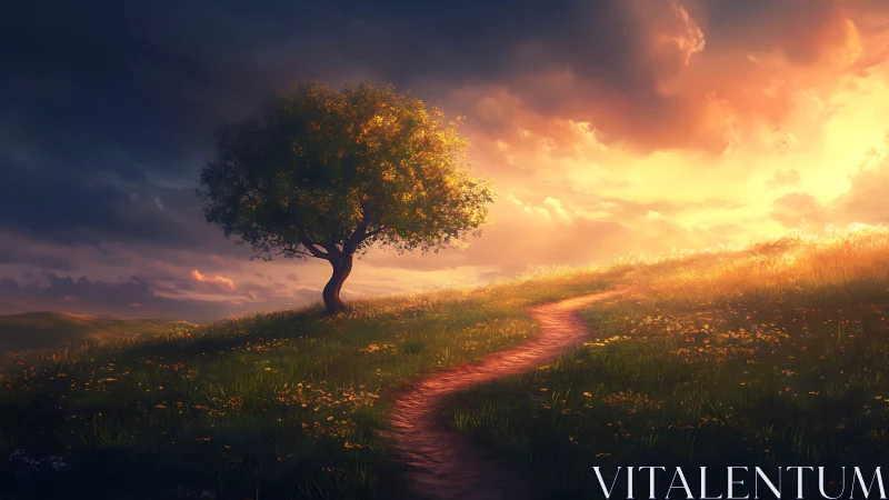 Sunlit hilltop tree guarding a winding path of quiet wonder.