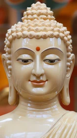 Polished Buddha head sculpture is shown in frontal view
