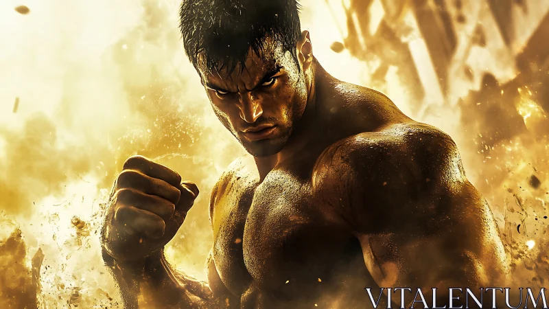 Muscular fighter punches forward through glowing golden dust