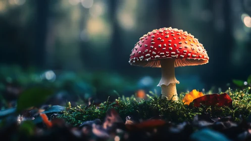 Forest spotlight on a star-speckled red toadstool sentinel.