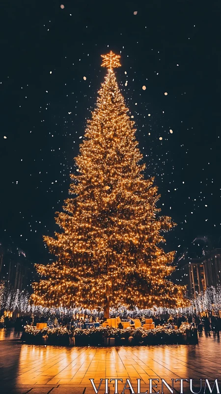 Starlit city spruce turns snowfall into golden constellations