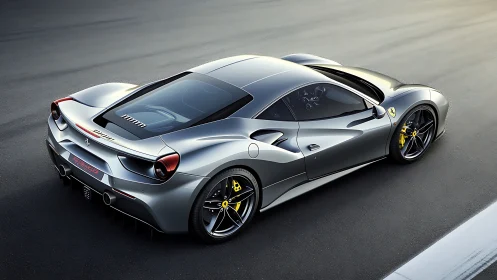 Silver Ferrari sports car on racetrack in overhead view.