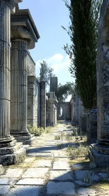 Photorealistic colonnaded ruin corridor in midday light.