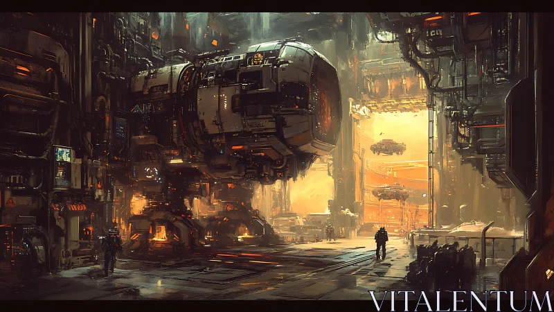 Colossal starship lifts from a blazing industrial hangar