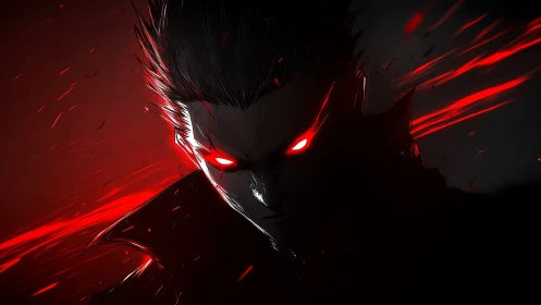 Dark antihero with glowing red eyes in dramatic shadows.