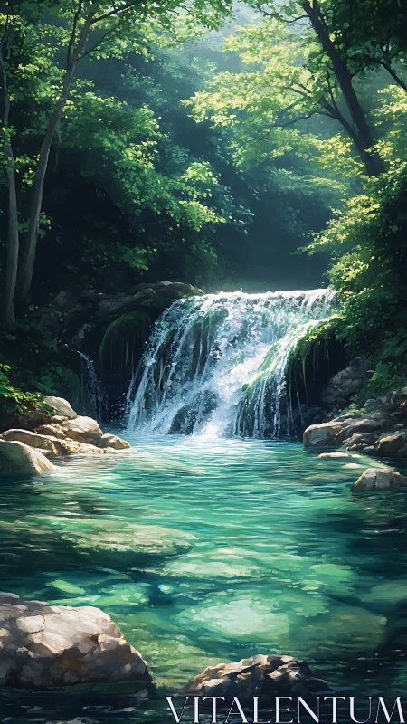 Sunlit forest waterfall cascades into a clear emerald pool