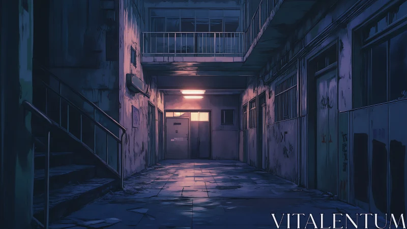 Nighttime view of worn apartment corridor with stairway.