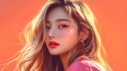 Digital portrait of young woman against orange backdrop.