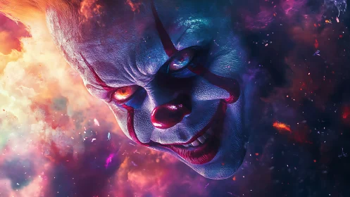 Sinister clown face emerges from swirling cosmic void.