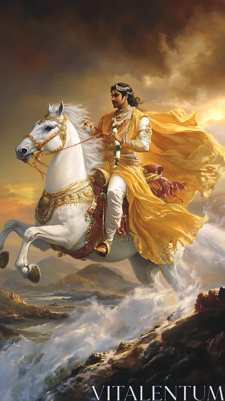Regal warrior in gold robes riding white horse through waves.