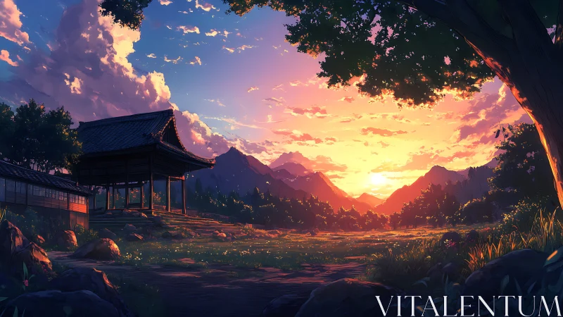 Sunset washes a quiet mountain temple in liquid gold light