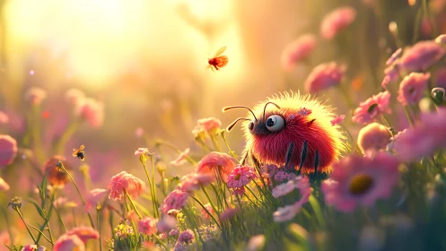 Fluffy garden critter pauses to trade stares with bees at dawn