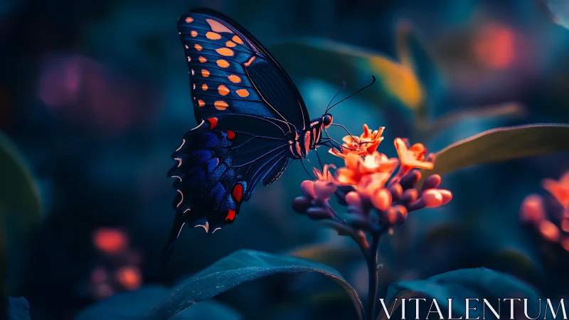 Butterfly on orange blossoms in low light garden setting.