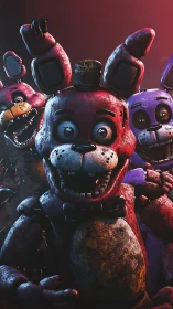 Terrifying animatronic bunnies lunge forward under red light.