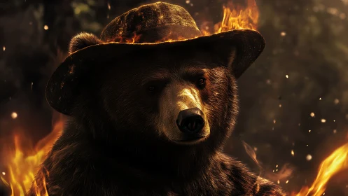 Majestic bear in a burning forest stares through rising flames