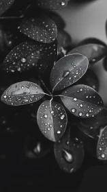 Midnight raindrops cradle glossy leaves in quiet monochrome.