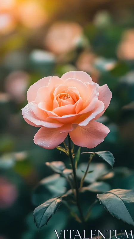 Peachy-orange rose bloom in garden setting.