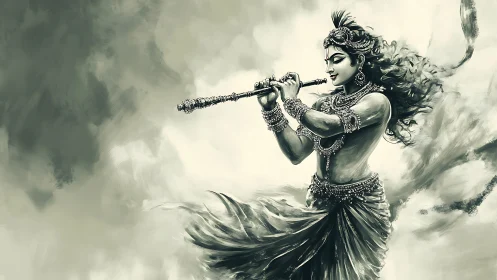 Divine flute player emerges in swirling monochrome clouds