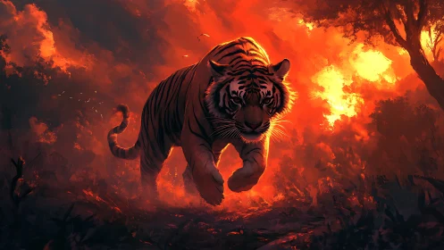 Firewalk tiger strides through molten dusk jungle blaze.