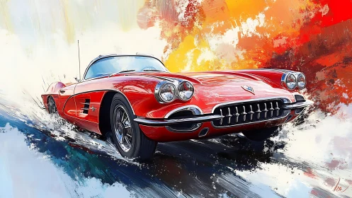 Red classic sports car charging through abstract color storm.