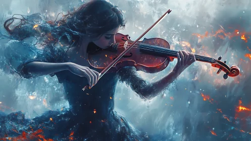 Woman plays violin within swirling blue and orange energy