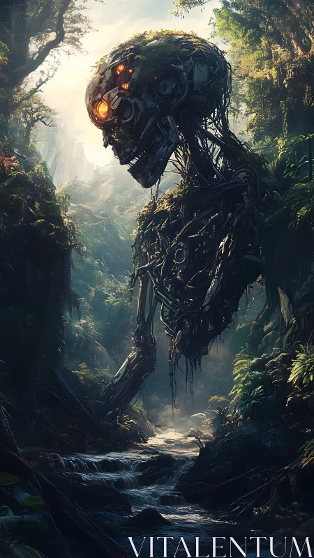 Forest titan of rusted circuitry guards the hidden stream.