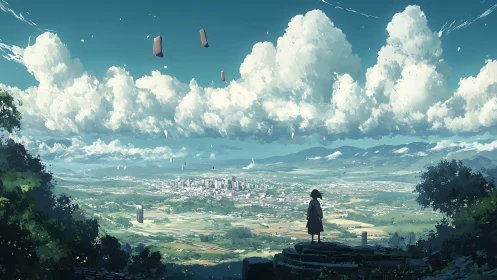 Surreal valley city under drifting monolith clouds panorama.