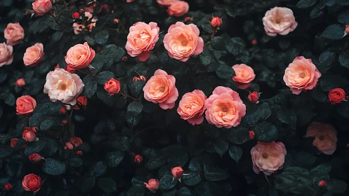 Coral garden roses with sage foliage: botanical study in moody palette