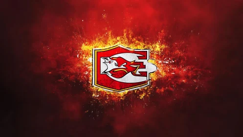 Red dragon emblem on fragmented fiery red background.