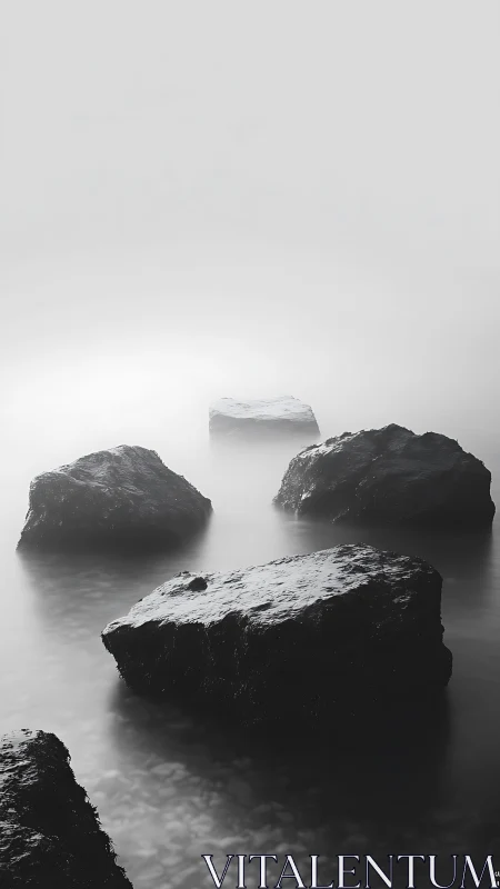 Monochrome coastal rocks in fog with smooth still water.