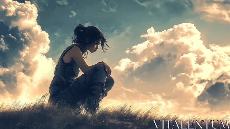 Solitary warrior rests under stormlit golden clouds.