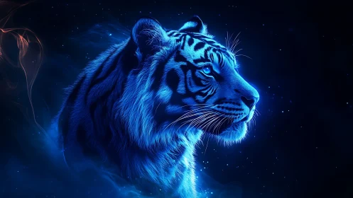 Neon blue tiger profile glows against deep cosmic night.