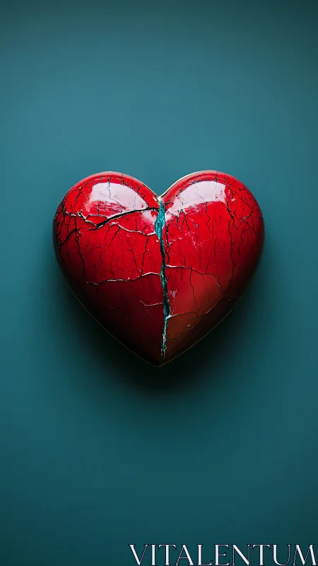 Cracked Red Heart Form Against Teal Background