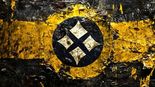 Rough yellow banner with bold circular black symbol.