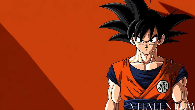 Anime warrior stands poised against bold orange backdrop.