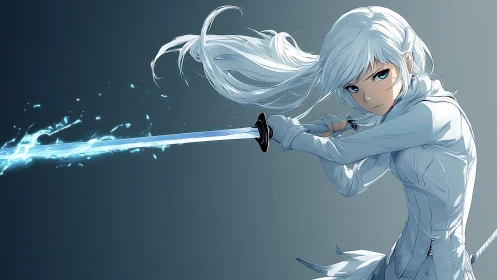 Stormlit swordswoman unleashes crackling blade of winter light.