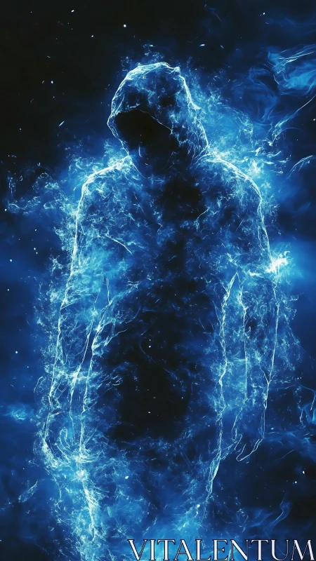 Volumetric plasma silhouette of hooded digital specter.