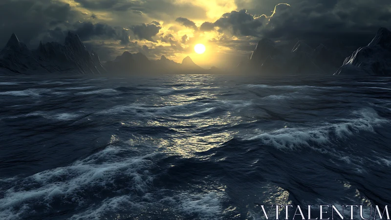 Stormlit polar ocean beneath a blazing, defiant sunrise.