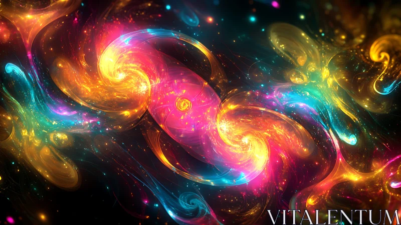 Multicolored swirling light forms on dark abstract background.