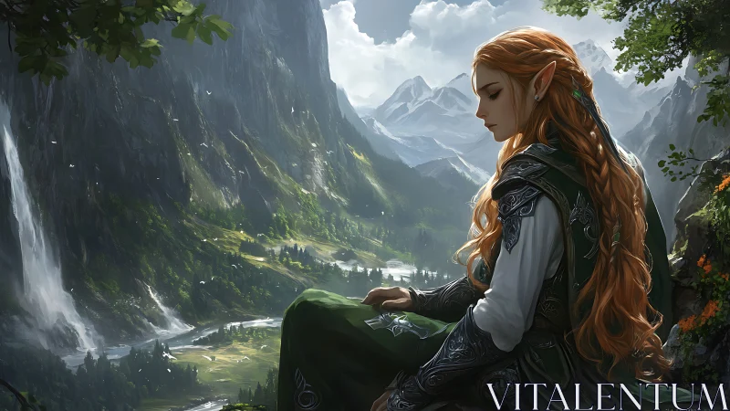 Elf warrior resting above valley with waterfalls and peaks.