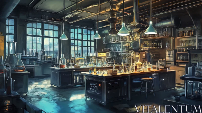 Cozy vintage laboratory glowing with curious warm light.