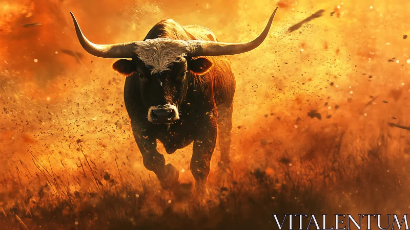 Fiery horned bull charges forward through swirling golden dust
