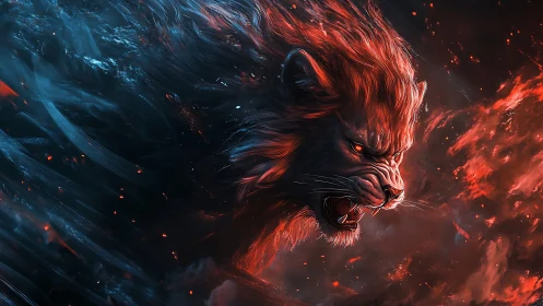 Fiery storm lion racing through swirling cosmic night.