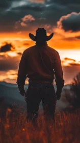 Lone cowboy gazing into a golden, wide open sunset sky.