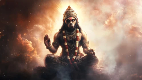 Hanuman-like deity sits in lotus pose within glowing clouds