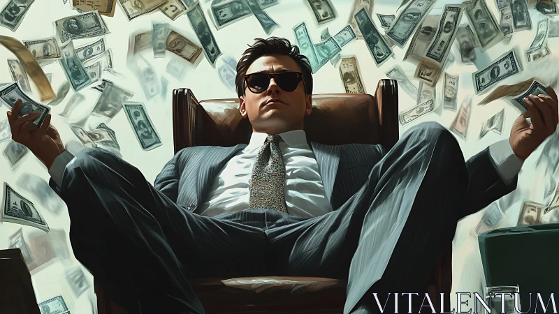 Power broker reclines in chair as cash storms overhead.
