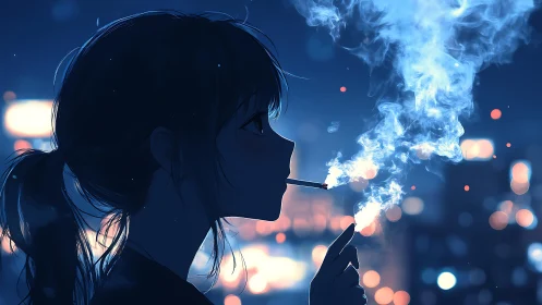 Side profile of smoker exhaling vapor against city lights