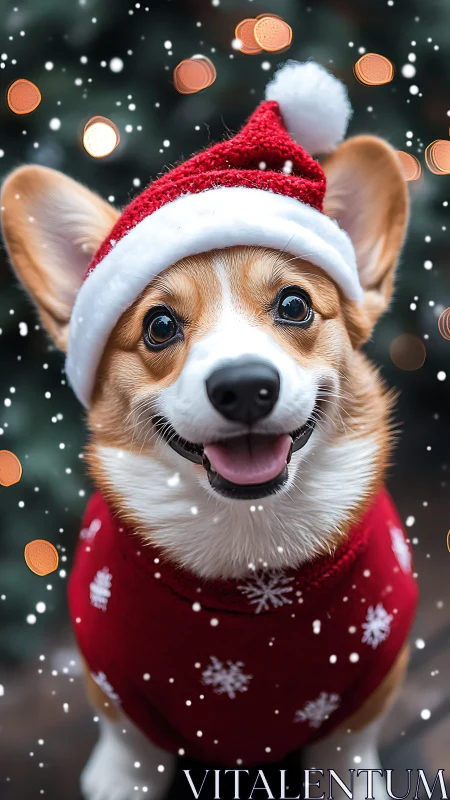 Corgi in red knit sweater and Santa hat under shallow depth snow