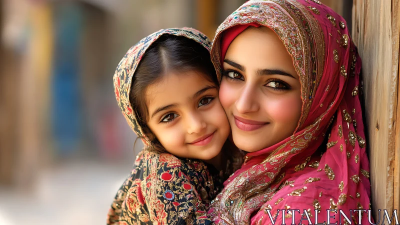Mother and Daughter in Traditional Attire, Warm Portrait Photography.
